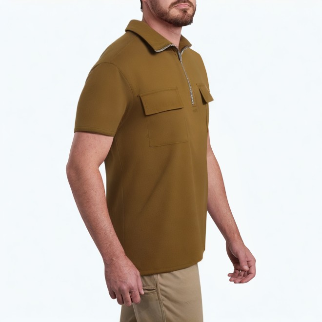 Half Zip Three Dimensional Pocket Short Sleeved Polo Shirt