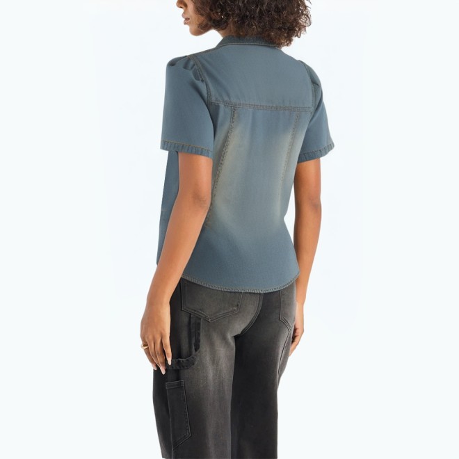 Cross Strap Denim Short Sleeved Shirt
