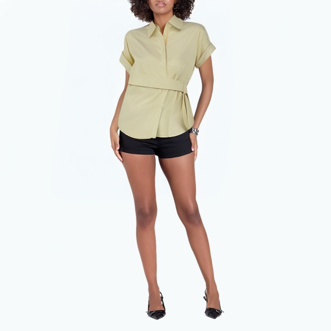 Spliced And Tied Irregular Short Sleeved Shirt 