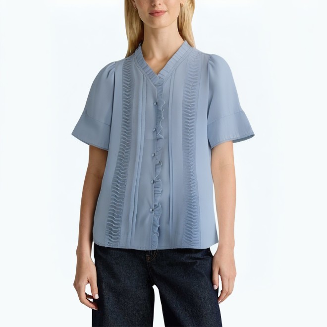 Pleated Ruffled Short Sleeved Shirt