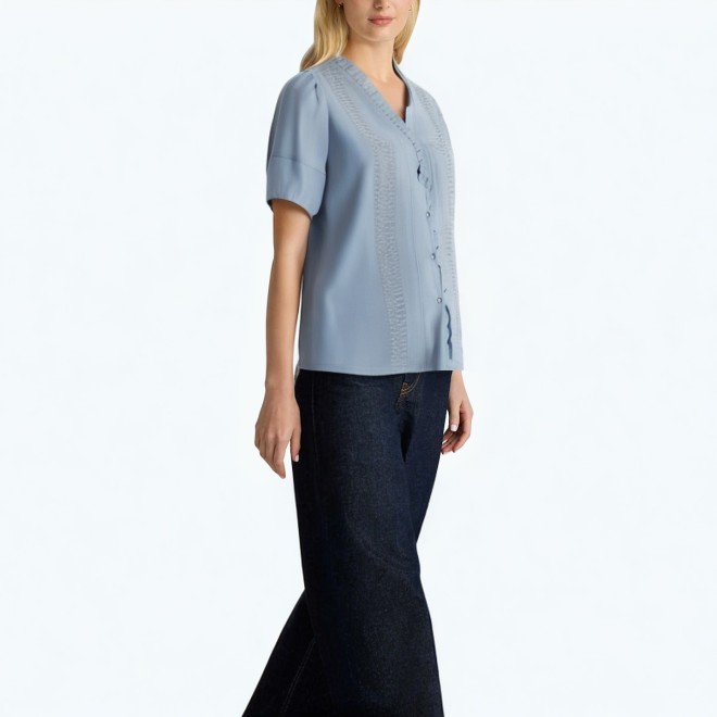 Pleated Ruffled Short Sleeved Shirt