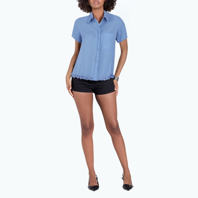 Lapel Ruffled Short Sleeved Shirt 