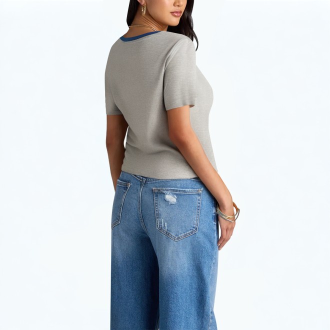 Summer Contrasting Round Neck Short Sleeved T Shirt