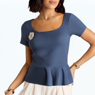 U Neck Ruffled Hem Short Sleeved Shirt
