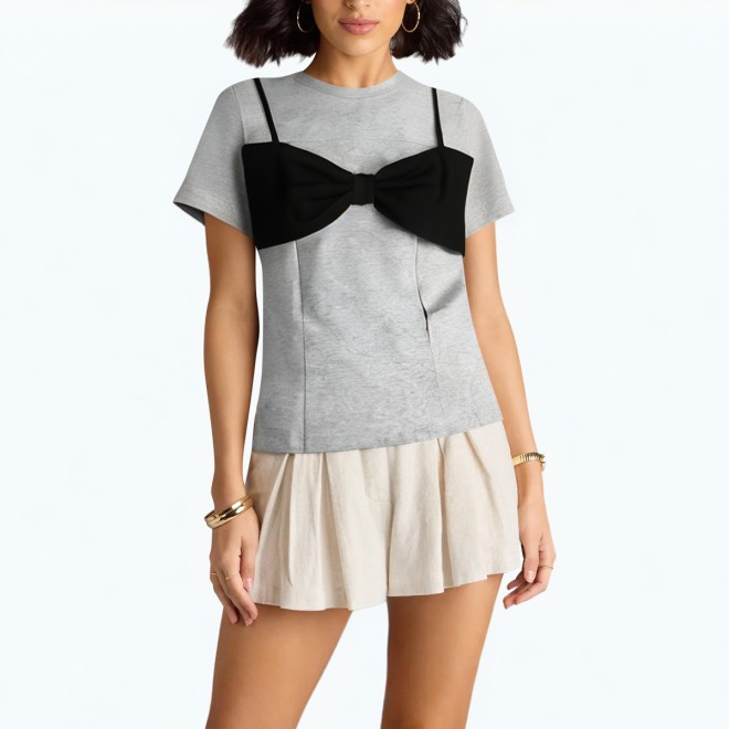 Three Dimensional Bow Short Sleeved T Shirt 