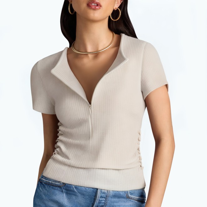 Round Neck Fake Two Piece Knitted Short Sleeved T Shirt