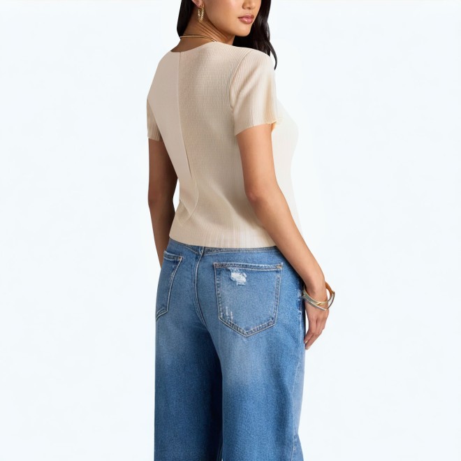 Round Neck Fake Two Piece Knitted Short Sleeved T Shirt